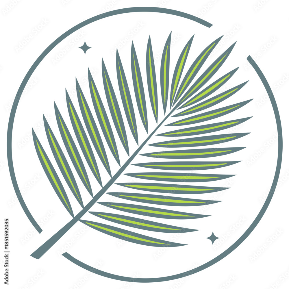 Fototapeta premium Stylized palm leaf emblem design, green and gray with decorative stars and circular frame.