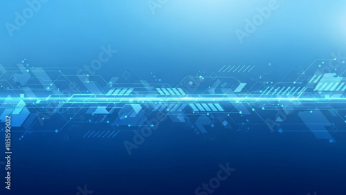 Futuristic blue circuit board background with neon light trails and geometric shapes