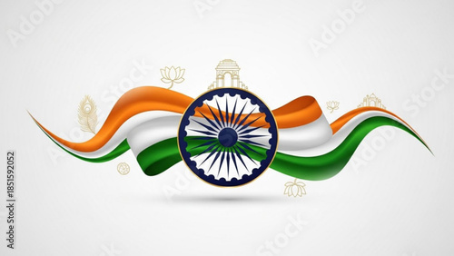 Indian flag with ashoka chakra symbol and icons of indian culture and architecture on white