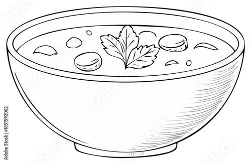 Black and white illustration of soup in a bowl with dumplings and leaf garnish.