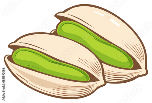 Illustration of two pistachios, open and showing the bright green nut inside the shells.