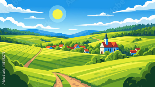 Idyllic Cartoon Landscape Rural Village, Green Hills, Sunny Sky, Church. Countryside Scene with Winding Path, Evoking Peace and Nature