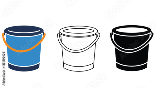 Three different buckets are shown in a row, a blue one, a white outline, and a black one.