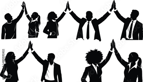 Business Team Silhouettes Celebrating Success with High-Fives – Corporate Collaboration Concept