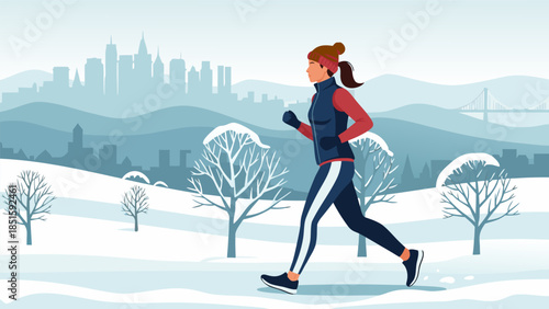 Energetic woman jogs through a serene winter park with a modern city skyline in the background, embracing an active and healthy lifestyle despite the cold weather conditions