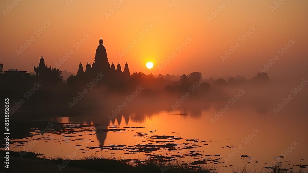 Obraz premium ziggurat. Ziggurat temple silhouette at sunset by a riverbank in misty atmosphere. inspiring travel planning, event programs, designed for cultural heritage projects and event programs. 