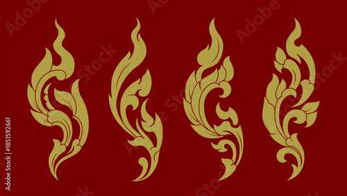 Golden Thai Tribal Decoration Elements Set with Traditional Flame Motif for Cultural Ornament, Sacred Design, Tattoo Idea, Poster Template and Luxury Branding
