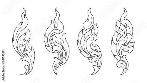 Thai Tribal Elements Design Set with Traditional Flame Pattern Line Art for Tattoo Idea, Sacred Ornament, Cultural Graphic, Poster Template, Branding and Decorative Use