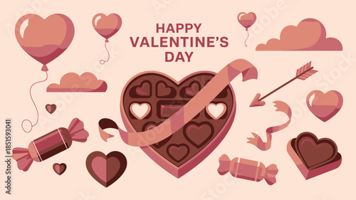A pastel assortment of Happy Valentines Day items including balloons, heart chocolates, and wrapped candies