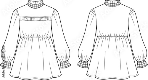Fashion illustration, technical sketch, dress design, puff sleeves, ruffle neckline, garment construction, sewing pattern, couture silhouette, front back view, textile  