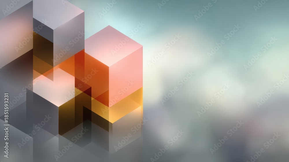 Obraz premium Abstract geometric shapes with soft focus and reflection, featuring translucent cubes and modern design elements in pastel colors