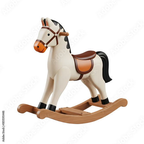 Charming wooden rocking horse toy featuring classic design and rich brown leather saddle isolated on black background