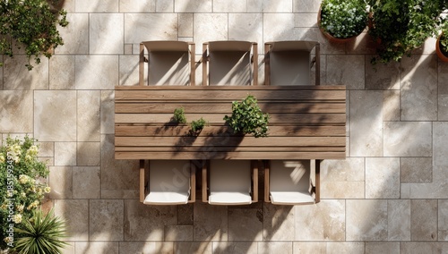 modern outdoor dining set with table and chairs, aerial view, top-down perspective, neutral tones