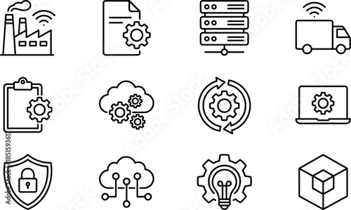 Digital transformation icons set for smart factory, cloud data processing, industrial automation, logistics technology, cybersecurity, and internet of things software solutions.