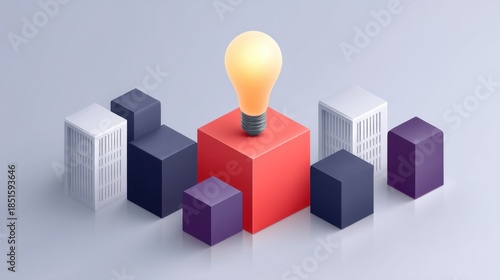 Creative Concept of Innovation and Ideas Represented by Lightbulb on Red Block Surrounded by Geometric Shapes in Modern Design Style