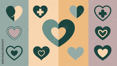 A vibrant array of heart symbols with a central interlocking heart and medical crosses on a colorful divided background