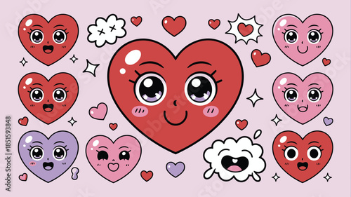 Adorable kawaii style heart characters with large eyes expressing sweet happiness on a gentle pink background