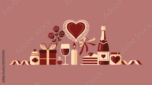 An elegant display of romantic items featuring roses gifts wine cake and champagne