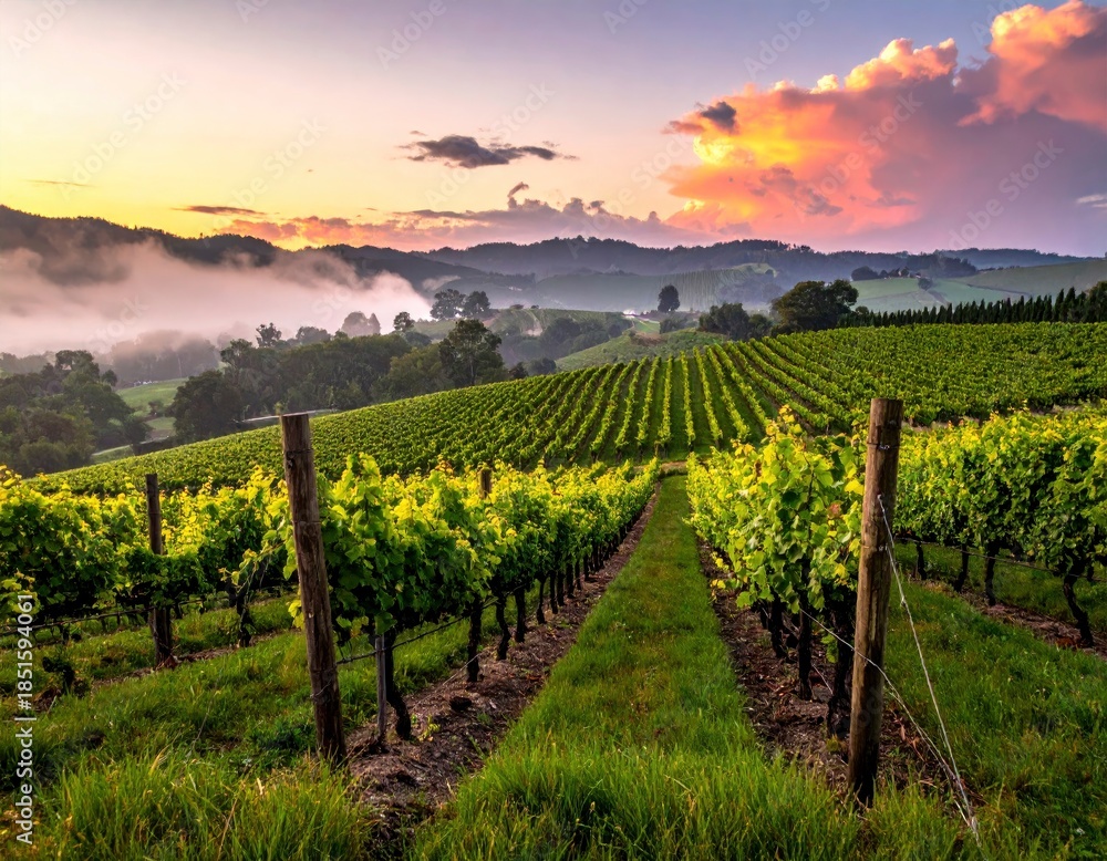 Fototapeta premium Vineyard Vista - Rows of Grapes at Sunset.