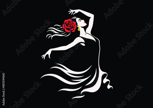 Girl dancing flamenco passionately and elegantly, black and white vector silhouette