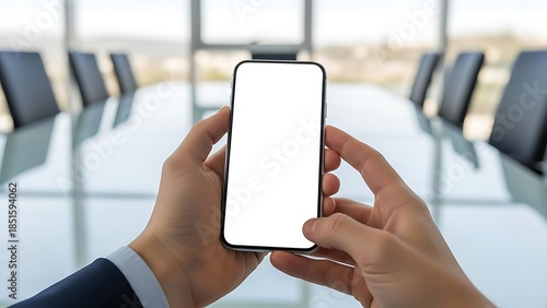 Close-up shot of a person's hands holding a smartphone with a blank white screen, set against a blurred background of a modern conference room