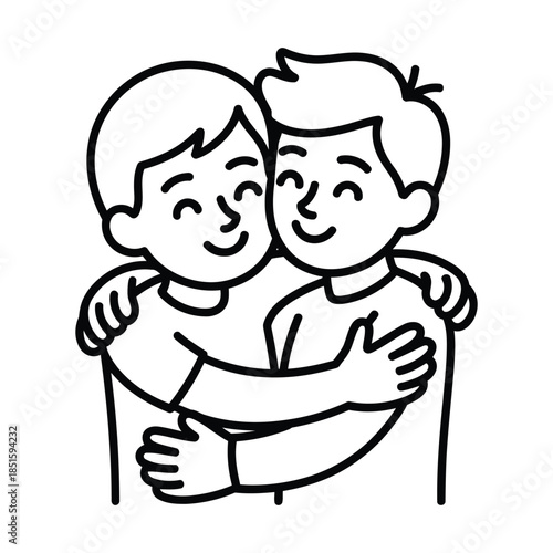 Two smiling boys hugging each other in friendship coloring page