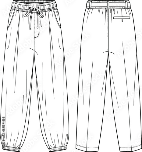 Women's Fashion CAD Drawing Flat Vector Illustration, Casual Harem Style Pants Technical Sketch with Drawstring Waistband, Front and Back Views Apparel.