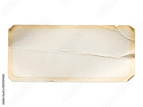 Vintage blank rectangular paper label with aged, creased texture and rounded corners, isolated on white background.
