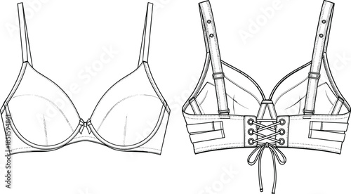 Women's Lingerie CAD Drawing Flat Vector Illustration, Push Up Bra Technical Sketch with Front Bow and Back Lace Up Corset Detail, Apparel Design.
