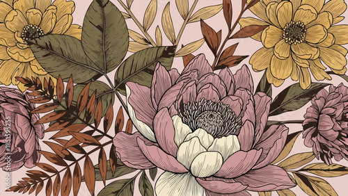 Elegant vintage floral pattern illustration with blooming peonies and chrysanthemums in a rustic, earthy color palette, ideal for textiles or backgrounds