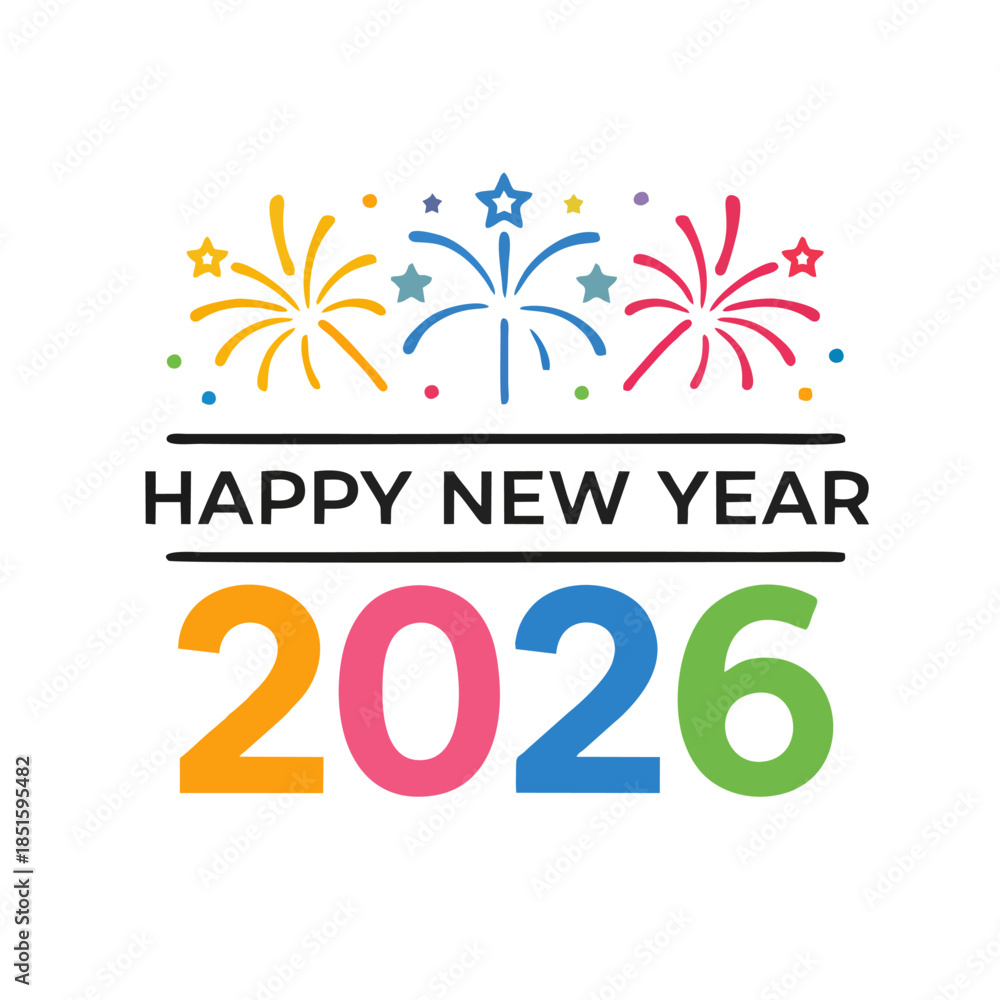 Naklejka premium Happy New Year 2026 Logo, Minimalist Fireworks Icon Combined With Text, Simple Line Art, Flat Vector