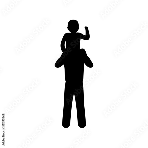 A black silhouette of a father carrying a child on his shoulders