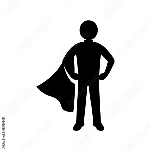 Silhouette of a stick figure superhero standing tall with a flowing cape