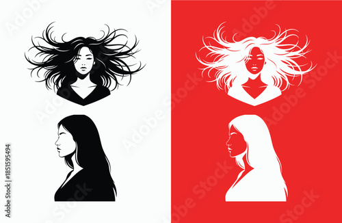 Contrasting portraits of two women in black and white and red