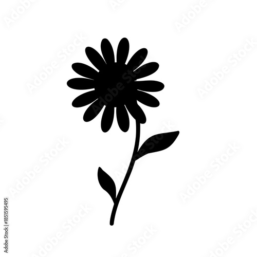 Silhouette of a single daisy flower with stem and leaf isolated