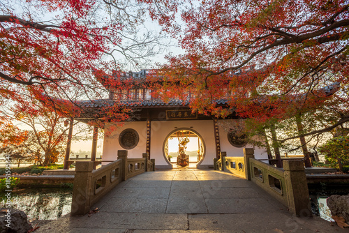 Autumn Moon on the Calm Lake, Painting and Poetry Pavilion autumn scenery at West Lake, Hangzhou, China