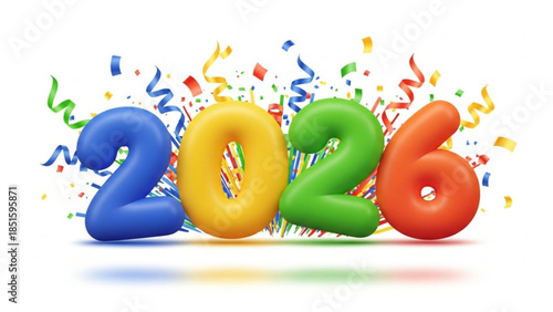 Colorful 2026 numbers with confetti and streamers, celebrating a future year