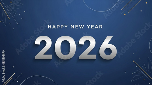 Happy new year 2026 celebration with silver numbers on dark blue background with fireworks