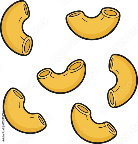 Scattered elbow macaroni pasta pieces flat vector illustration