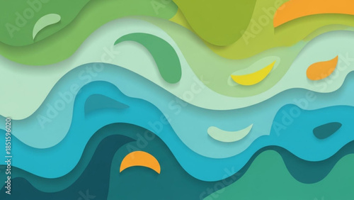 Vibrant layered abstract wavy shapes in shades of green blue and orange