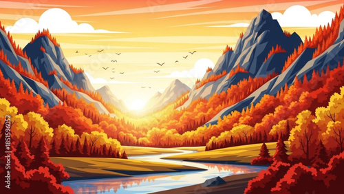 Vibrant autumn landscape with river flowing through valley surrounded by mountains and colorful