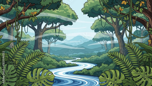 A serene river winds through dense jungle foliage with tall trees and lush greenery under a hazy sky