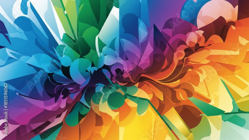 Vibrant abstract art piece with swirling shapes and colors transitioning from blue to orange hues