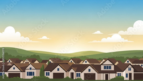 Suburban neighborhood with houses, green hills, and sunset sky with white clouds
