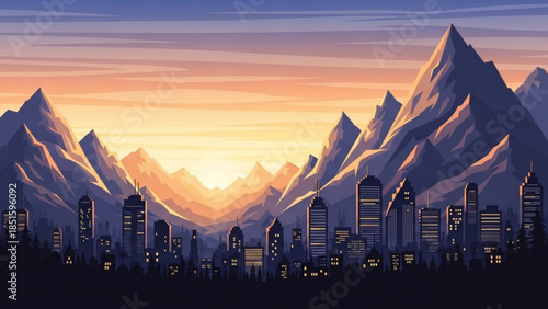 Sunset over city skyline with modern skyscrapers and majestic snow capped mountains in background