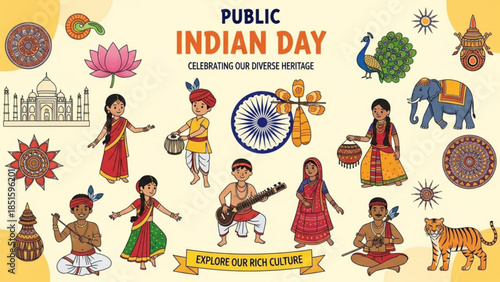 Vibrant indian day celebration with diverse cultural icons and people