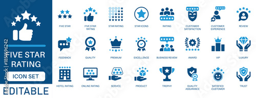 Five star rating icon set. featuring Five star, customer satisfaction, rating, hotel rating, business review, premium quality, online feedback and more icons. perfect vector icon collection.