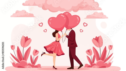 Romantic Couple Hiding Their Faces with Balloons 