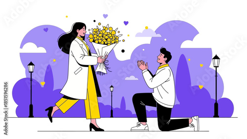 A Romantic Proposal with a Bouquet of Flowers