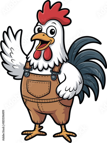 Happy farm animal illustration featuring a white chicken mascot in denim dungarees